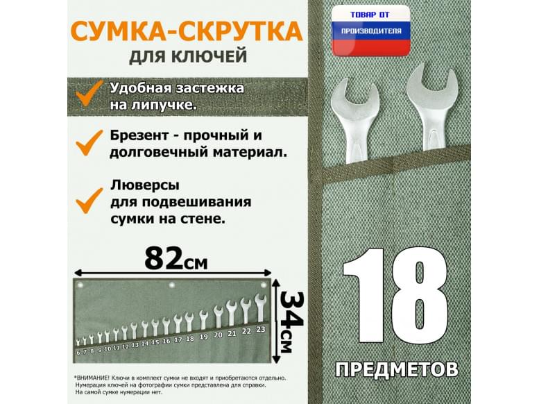 Сумка-скрутка для рожковых (накидных, гаечных, комбинированных) ключей 6-23 мм (18 предметов). Материал: брезент.